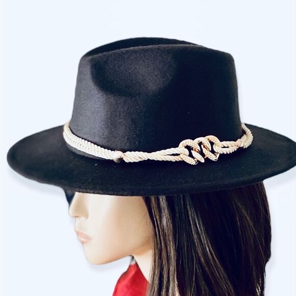 Black Tall Dented Crown Gold Chain Rope Hat Band Fedora Hat NEW - Picture 2 of 5
